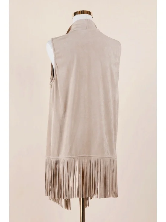 Sz L Decree Tan Faux Suede Boho Western Open Fringe Mid Length Vest EUC - Picture 3 of 4